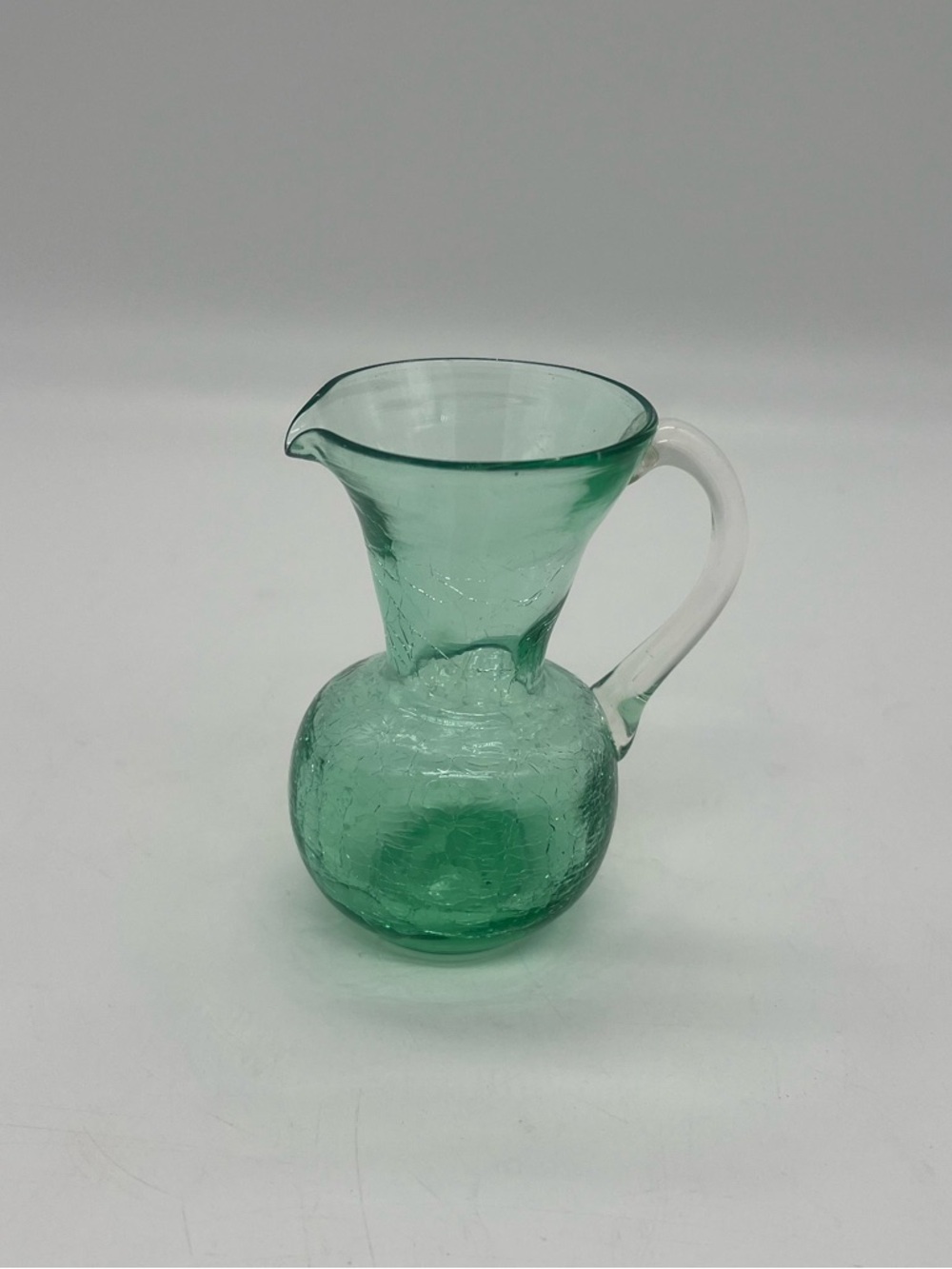 Vintage Green Crackle Glass Pitcher Vase Mini 3.5” Clear Handle